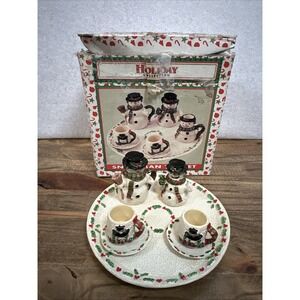Vintage Christmas Holiday Snowman Miniature Tea Set Winter Collectible Decor